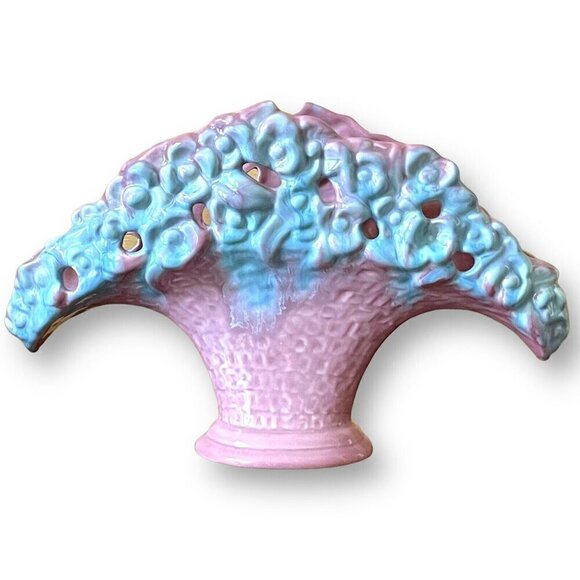 Royal Haeger Fan Vase Pink Blue Flower Basket Planter Vintage 1940s R386 USA - Picture 3 of 14